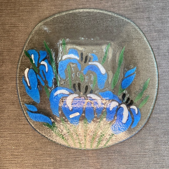 Vintage Sydenstricker Large Blue/Purple Floral Fused Glass Bowl with Square Base - Picture 4 of 6